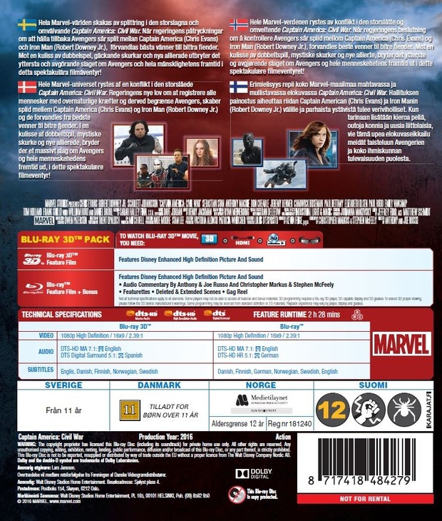 Civil War - Capitán América, carátula trasera de la edición nórdica con castellano en el disco 3D