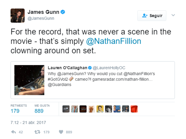 James Gunn confirma que esa imagen de Nathan Fillion nunca estuvo en la película, era simplemente Fillion payaseando por el set