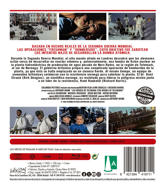 Los H&eacute;roes de Telemark en Blu-ray, con Kirk Douglas y Richard Harris