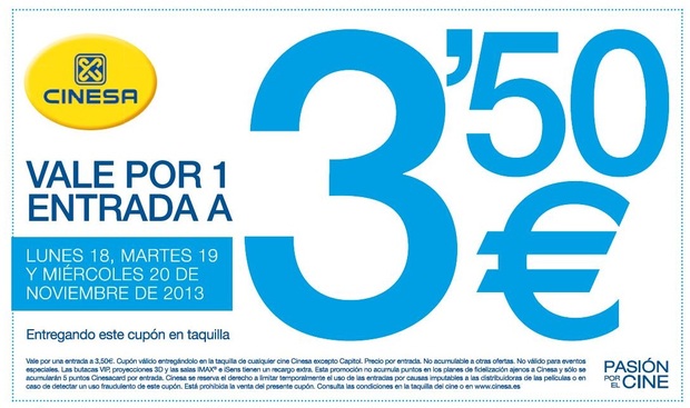 De Cinesa: "El cine a 3,50€" (los días 18, 19 y 20 de noviembre)