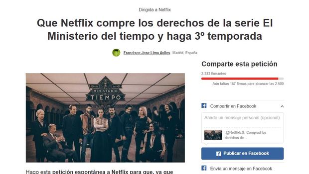 Petición para que Netflix compre los derechos de emisión de El Ministerio del Tiempo en caso de no ser renovada por RTVE