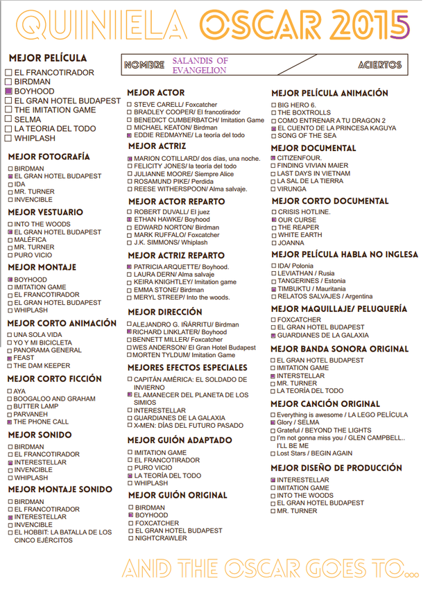 Mi quiniela de los OSCARS 2015