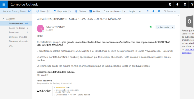 Gané el concurso de Sensacine para la entrada doble para el preestreno de "Kubo y las dos cuerdas magicas"