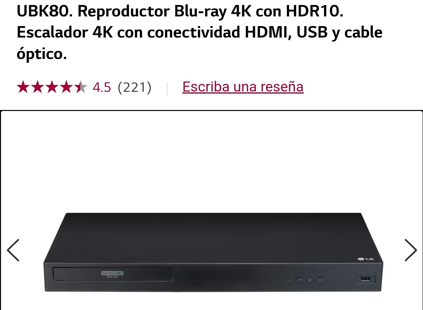 LG UBK80. Reproductor Blu-ray 4K con HDR10. Escalador 4K con conectividad  HDMI, USB y cable óptico.