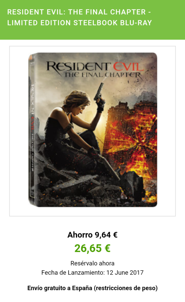 Duda Steelbook Resident Evil The Final Chapter ZAVVI