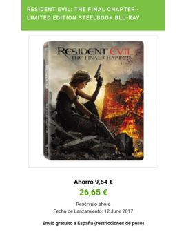 Duda Steelbook Resident Evil The Final Chapter ZAVVI