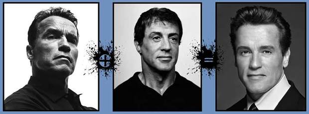 Arnold Schwarzenegger + Sylvester Stallone = Arnester Schwarzellone. 