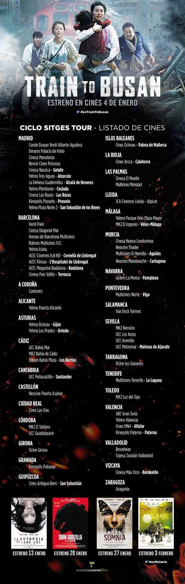 Lista de las 64 Salas que el Miércoles estrenarán (TRAIN TO BUSAN) Más las restantes películas estrenadas en "Sitges Tour". 
