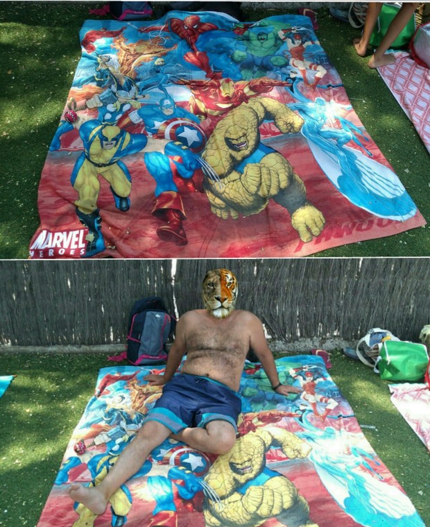 Aquí en la Piscina con éstas calores y mi toalla de MARVEL je je je. 