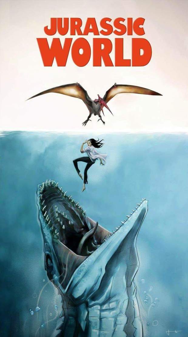 Póster (JURASSIC WORLD vs TIBURÓN). 