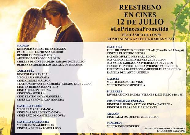 Listado Provisional donde se estrenará (LA PRINCESA PROMETIDA) en Cines. 