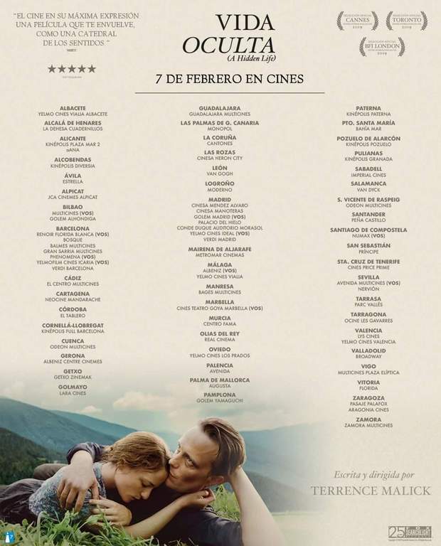 Listado de Cines donde se ha estrenado "Vida Oculta". 