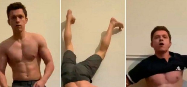 "Tom Holland" Se pone una camiseta haciendo el pino. 