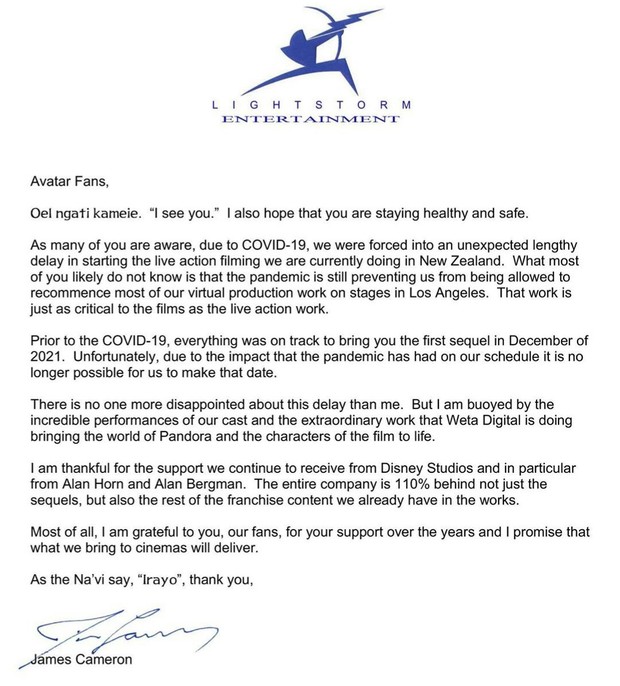 Comunicado de "James Cameron" Sobre el retraso de las Películas de (Avatar). 