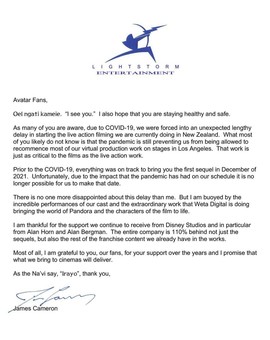 Comunicado de "James Cameron" Sobre el retraso de las Películas de (Avatar). 