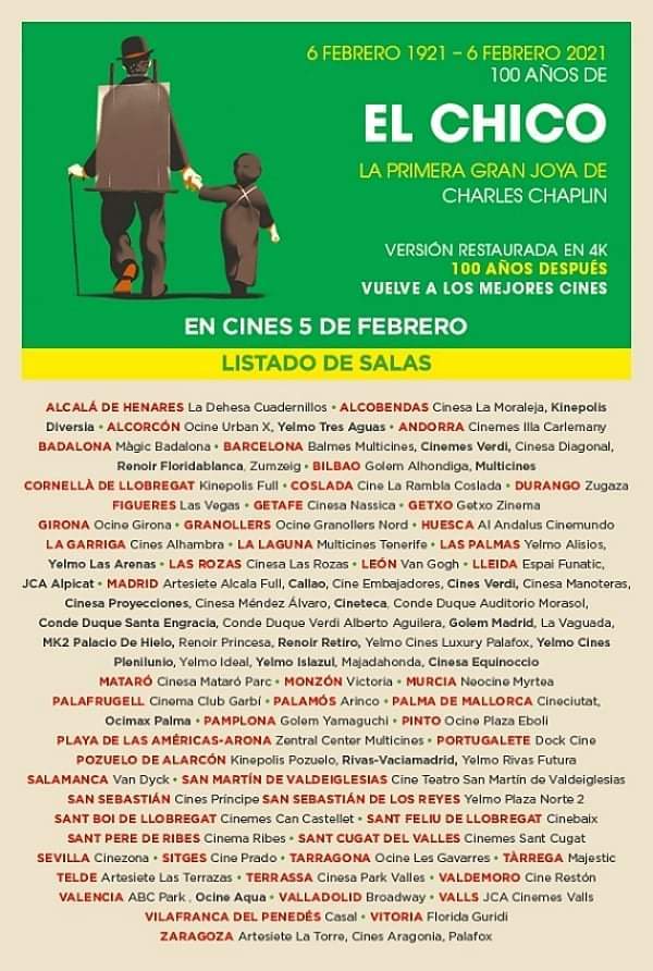 Listado de los Cines donde se Proyectará (El Chico) de "Charles Chaplin" el 5 de Febrero. 