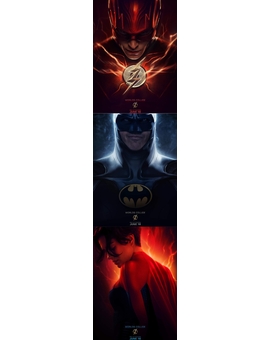 Pósters individuales para Ezra Miller/The Flash, Michael Keaton/Batman '89 y Sasha Calle/Supergirl.