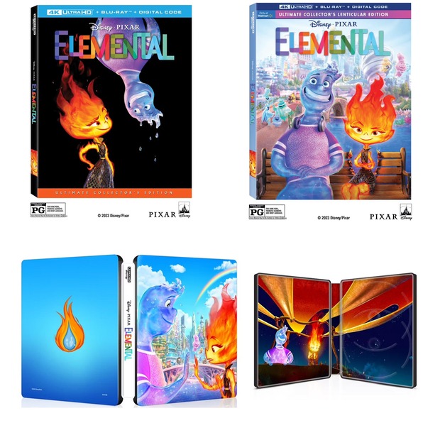 Diseños de 'Elemental' en formato físico, incluyendo steelbook