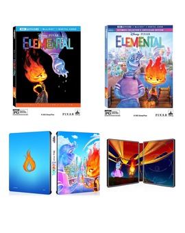 Diseños de 'Elemental' en formato físico, incluyendo steelbook