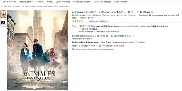 ¿Alguien se ha dado cuenta de la fecha de lanzamiento de Animales Fantasticos Y Donde Encontrarlos de Amazon?