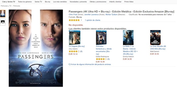 Steelbook con 4K de Passengers agotado en amazon