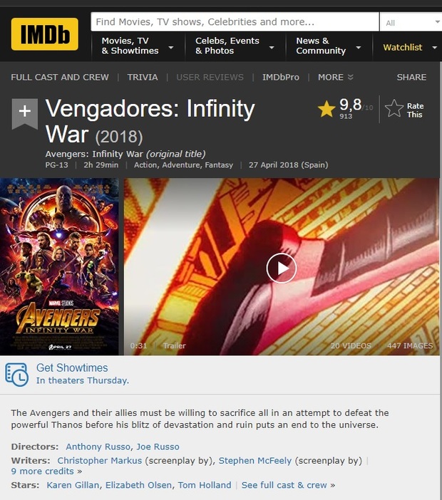 Vengadores Infinity War va por un 9,8 en IMDB