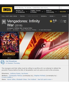 Vengadores Infinity War va por un 9,8 en IMDB