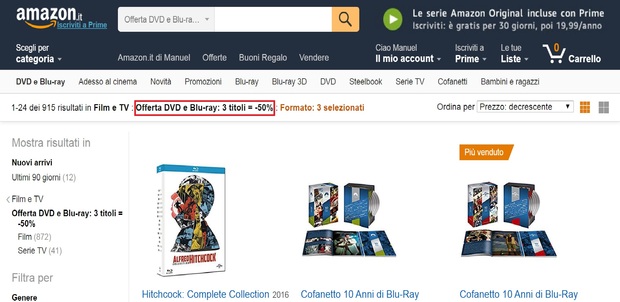 Amazon Italia: 3 Blu Rays al 50% del total