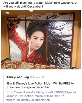 Mulan gratis en Disney+ a partir de Diciembre 