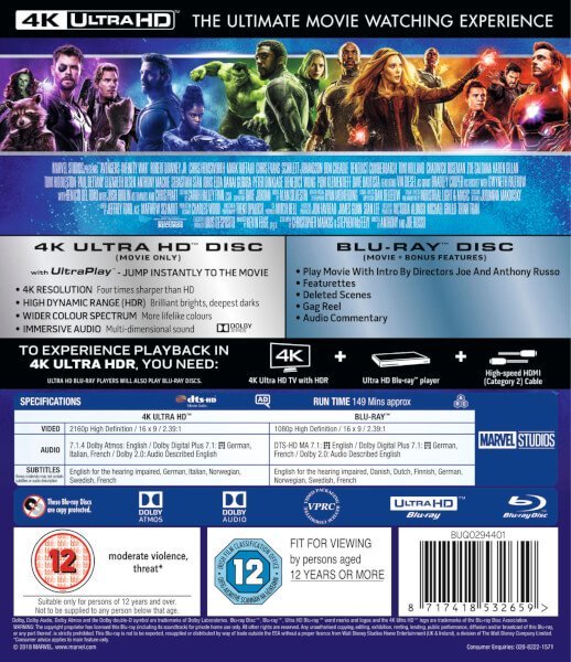 Contracarátula de Infinity War 4K de Reino Unido