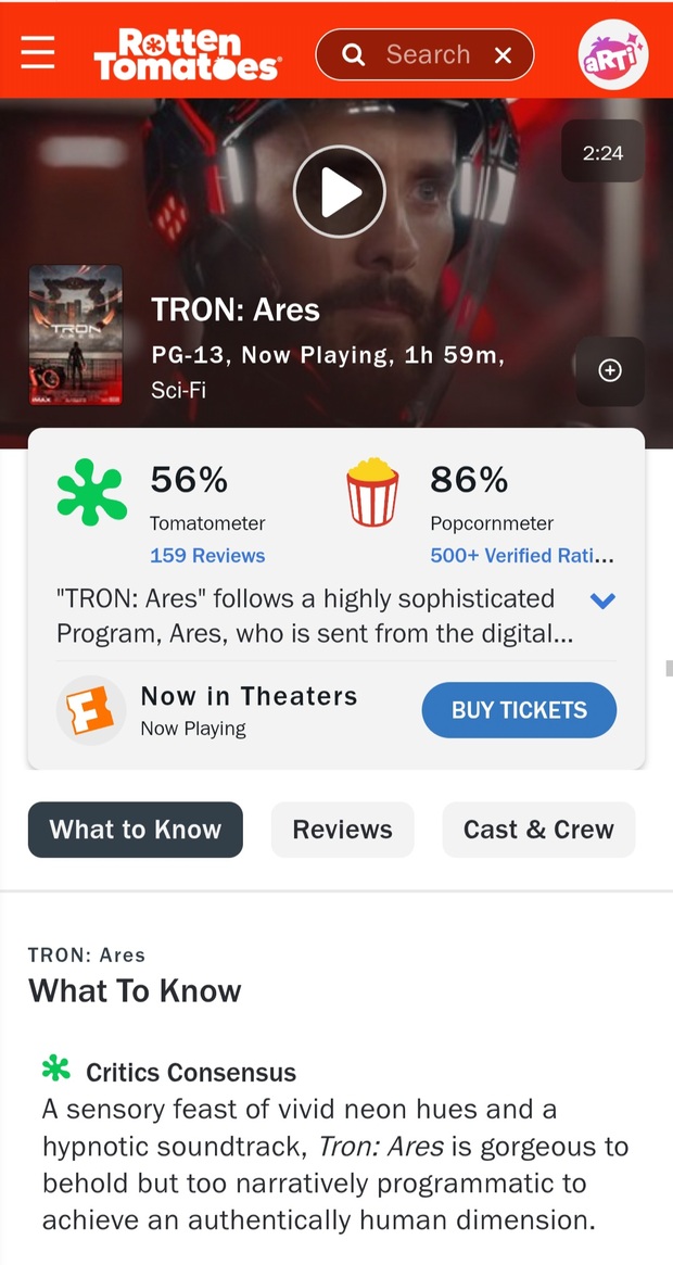Tron: Ares - Rotten Tomatoes