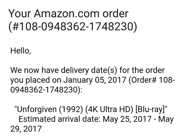 Me lo acaba de enviar Amazon.com la fecha para "Sin Perdón" en UHD en USA