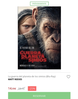 reservada la guerra planeta simios 25% descuento