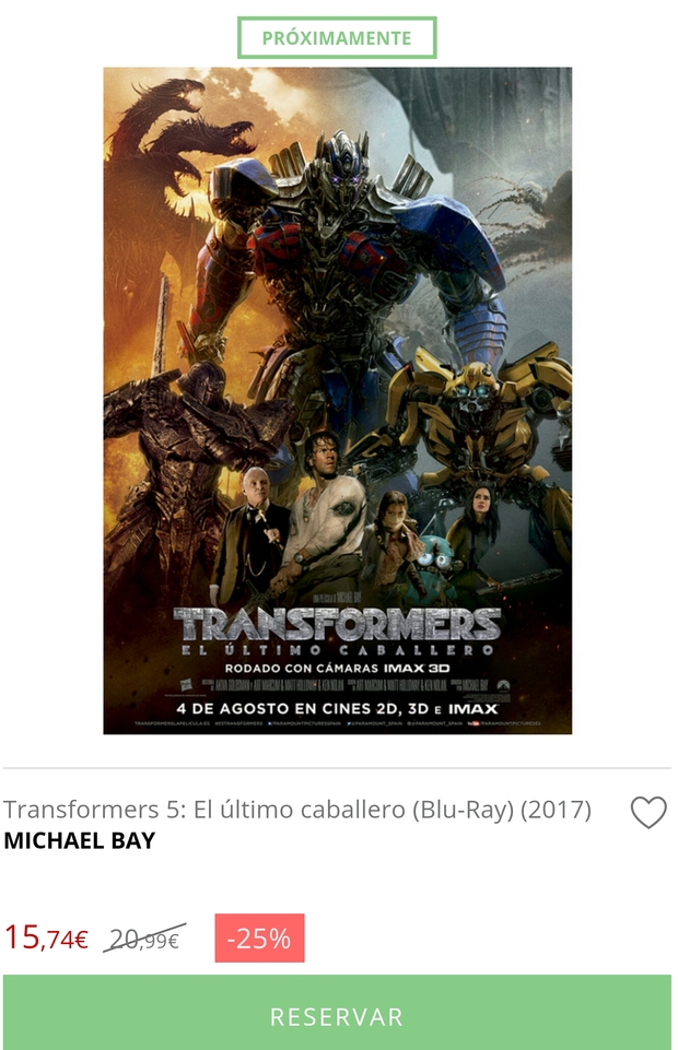 reservada  transformers 5 con 25% descuento