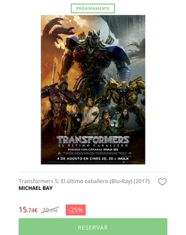 reservada  transformers 5 con 25% descuento