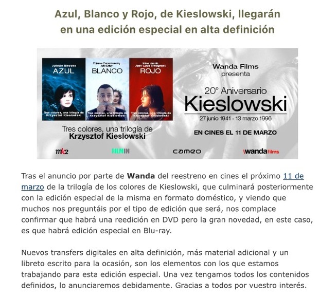 CAMEO confirma trilogía de colores de Kieslowski en Blu y con una cuidada presentación, BRAVO!!! 