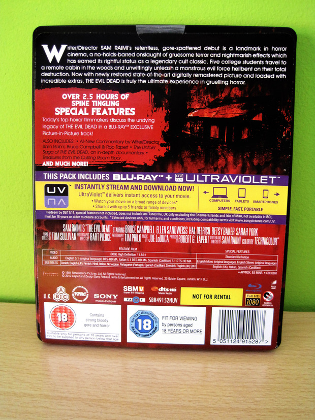 The Evil Dead. Blu-ray SteelBook. Trasera Con Contraportada.