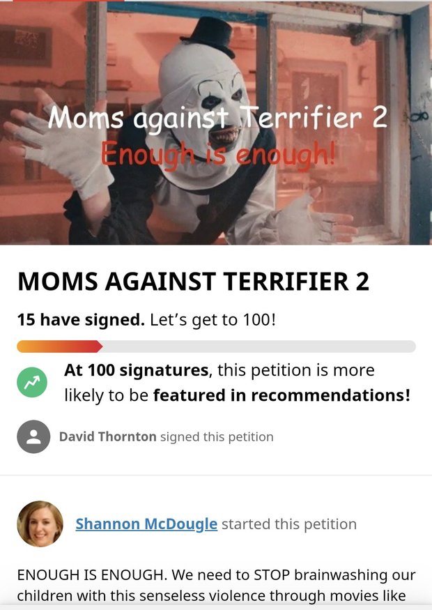 Grupo de madres piden la retirada de Terrifier 2 de los cines USA