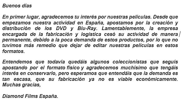 Diamond Films responde sobre porqué no edita
