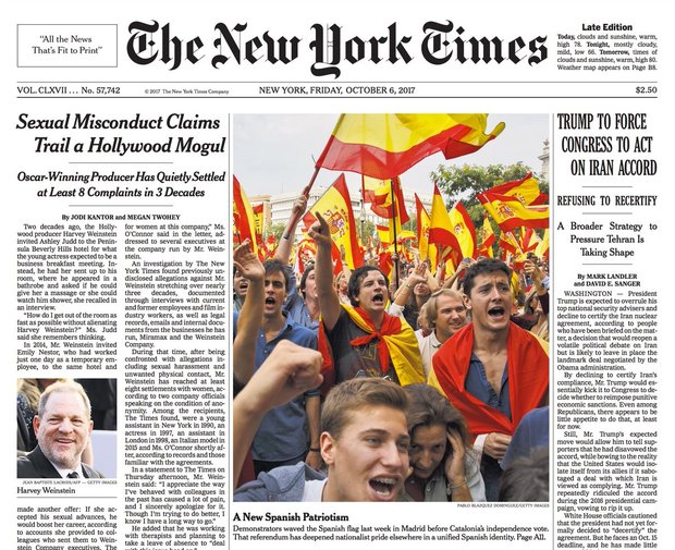 El culebrón sobre los abusos sexuales del jefe de Miramax, portada en NYT