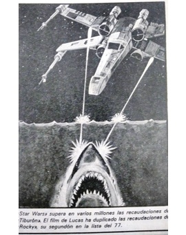 Simpático dibujillo de 1977 sobre la batalla Tiburón-La Guerra de las galaxias.