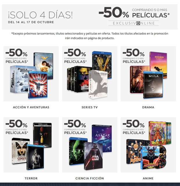 -50% comprando 5 o más películas en El Corte Inglés, del 14 al 17 de Octubre.