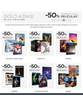 -50% comprando 5 o más películas en El Corte Inglés, del 14 al 17 de Octubre.