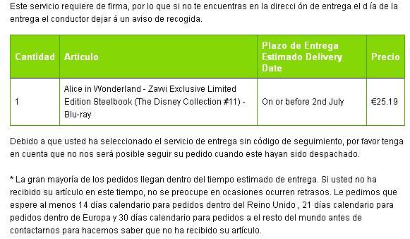 Zavvi parece que al fin comienza a enviar Alicia en el pais.. Steelbook