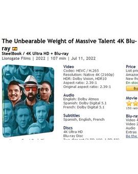 The Unbearable Weight of Massive Talent Steelbook 4K