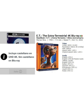 Steelbook E.T. de Italia SIN castellano