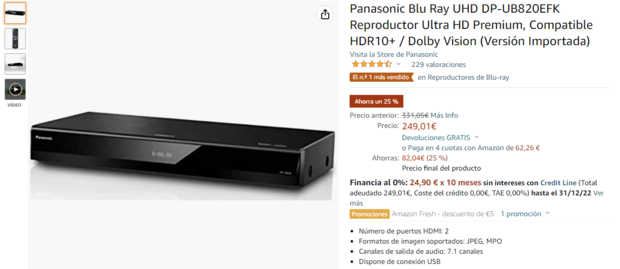 Reproductor Panasonic Blu Ray UHD DP-UB820EFK