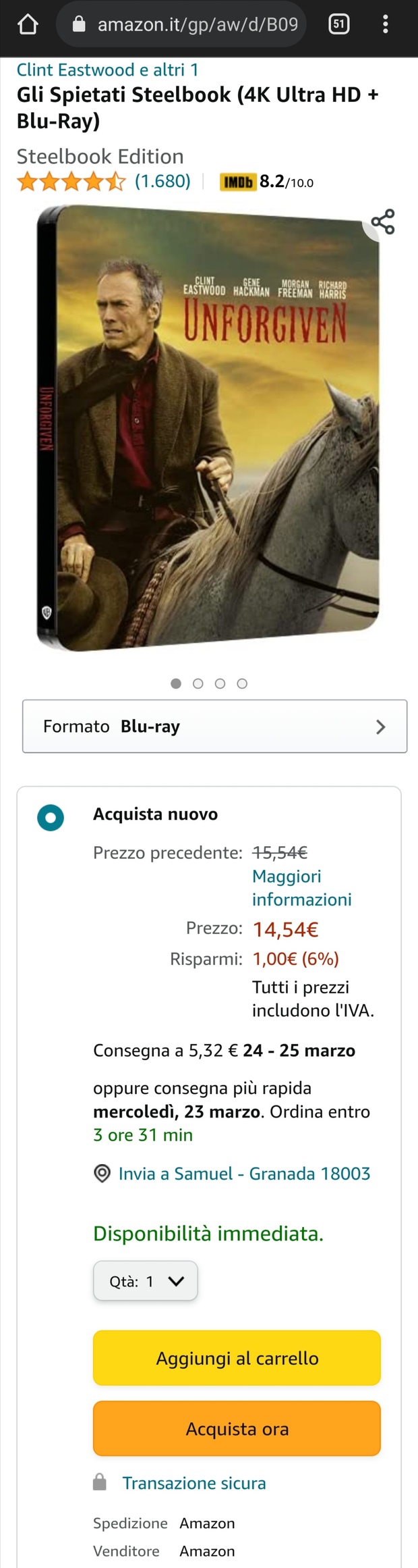 Sin perdón Steelbook italiano UHD 4K en castellano (14.54€ + envío)