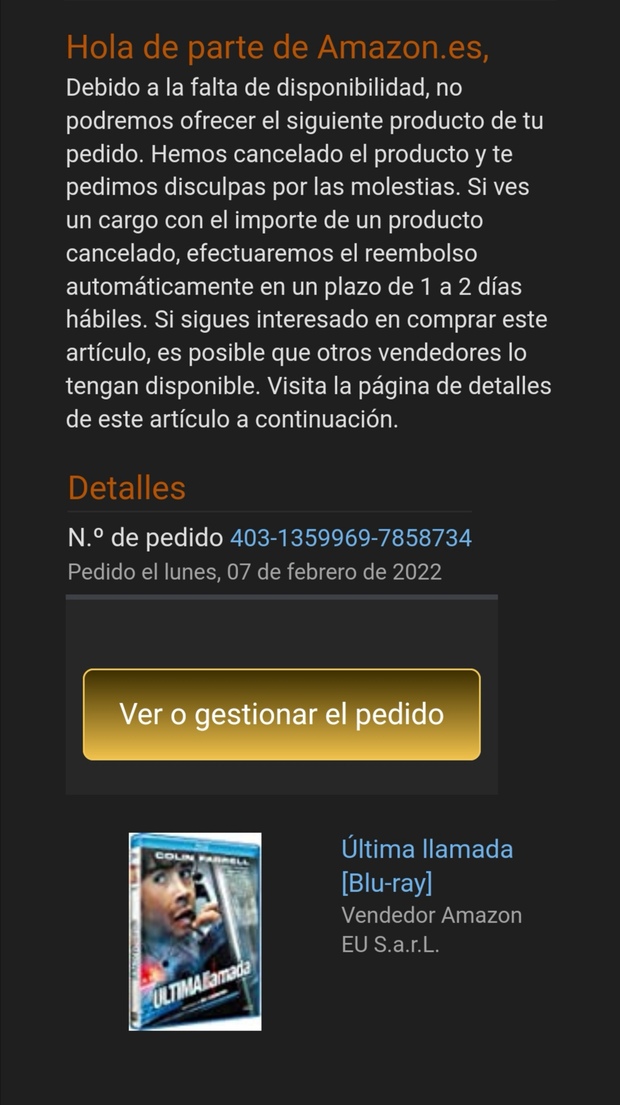 Cancelación del chollo Última llamada (Blu-ray) por 4.99