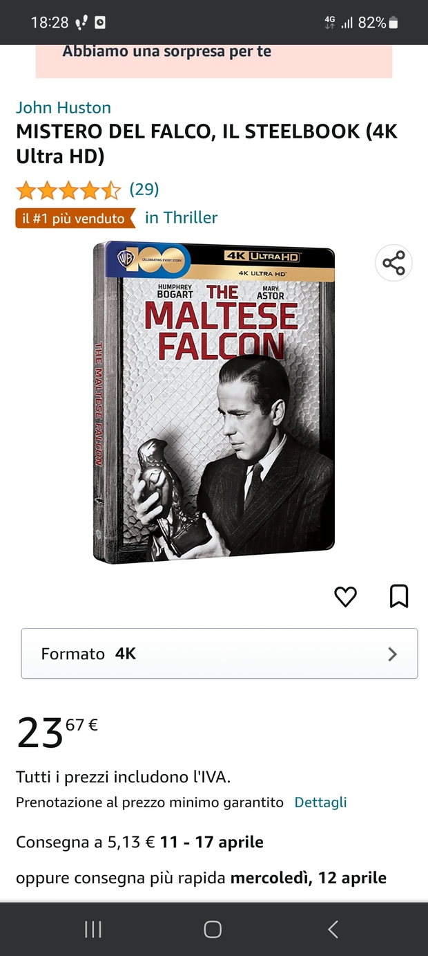 "El Halcon Maltés" en 4K. Ya en preventa en Amazon.it a un precio sin competencia.